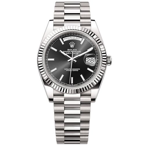 Rolex Day-Date 40 Presidential Black dial, Fluted Bezel, President bracelet, White gold Watch